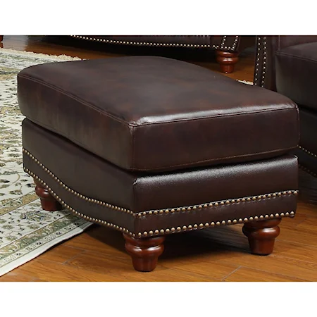 Traditional Leather Ottoman with Bun Wood Feet and Nailhead Trim